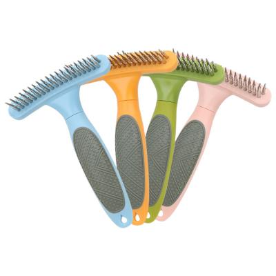 China 2023 Viable Hot Selling Dual Row Harrow Comb Rake Pet Self Cleaning Hair Remover Dematting Combs for sale