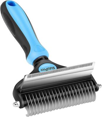 China 2023 Viable Hot Selling Double Sided Pet 2 In 1 Stainless Steel Deshedding Remover Dog Rake And Dematting Comb for sale