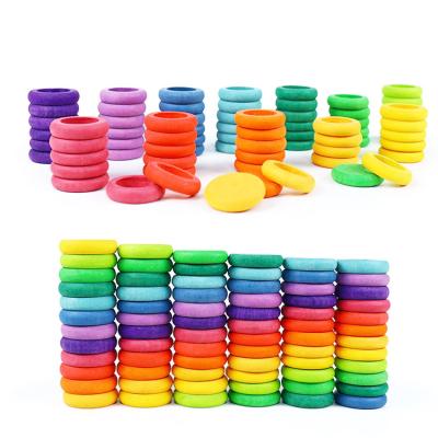 China Building Toy 72pc/set Beech Rainbow Coins And Rings Stacking Blocks Nature Loose Parts Creative Baby Rainbow Stacking Toy for sale