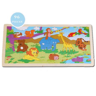 China Cartoon Toy 96 Pieces Animal Zoo Wooden Jigsaw Puzzle With Storage Tray Other Kids Educational Toys for sale