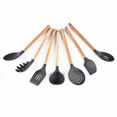 China Sustainable Heat Resistant Professional Kitchen Tools Silicone Kitchen Utensil Set Kitchenware With Wooden Handle for sale