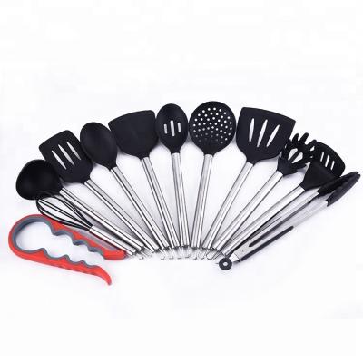 China Viable Utensils Set, 12 Pieces Stainless Steel Handle Kitchenware Tool Silicone Spatula Turner Set Beer Opener Spoon Beater Scraper for sale