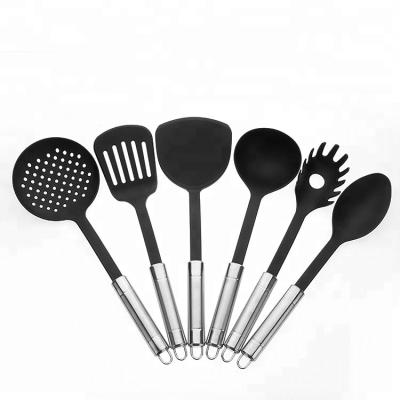 China Sustainable Professional Nonstick Safe Modern Cooking Tools Stainless Steel Metal And Black Silicone Serving Kitchen Utensils for sale