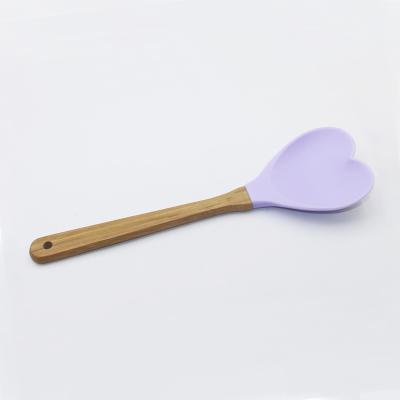 China Viable Unique Heart Shape Silicone Kitchen Utensil Spatula Spoon With Wooden Handle for sale