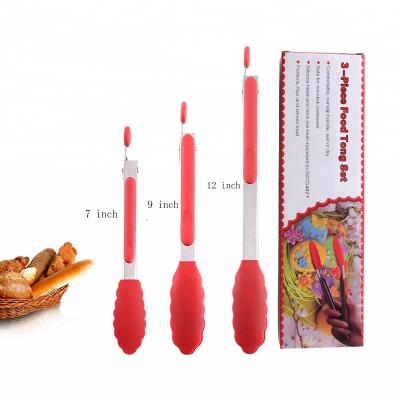 China Viable Silicone BBQ Cooking Stainless Steel Food BBQ Grill Kitchen Tongs Locking Set for sale