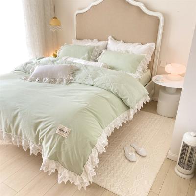 China Nondisposable Solid Color Lace Duvet Cover Sets 100% Cotton Bedding Sheets CLASSIC 40 Plain Dyed Lace Edge 3 Kg Customized Design 4 Pcs NC; JIA for sale