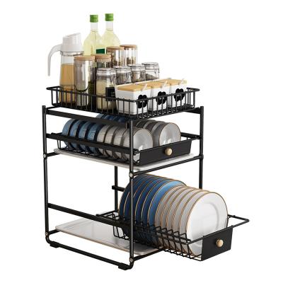 China New Arrival Sustainable Kitchen 3 Layers Pulling Flat Type Metal Drying Rack Boxed Storage Rack Drain Detachable Seasoning Rack for sale