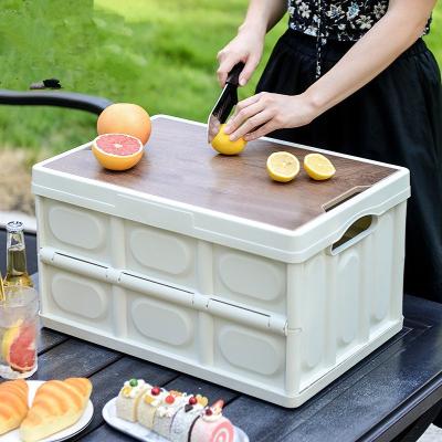 China 55L Camper Van Trunk Storage Container Folding Food Sundries Outdoor Home Organizer Box With Wooden Board Lid for sale