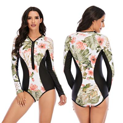 China Floral One Piece Swimwear Print Plus Size Swimwear Women Long Sleeve Printed Swimsuit Wetsuit Beach Female Surfing Swimwear for sale