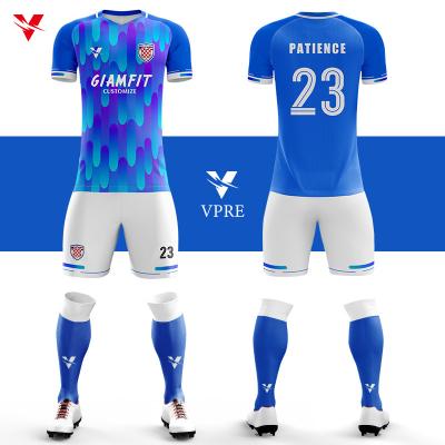 China Breathable Custumized 4 Piece Moq Sublimation Customized Cheap Blue And White Machin Dot Soccer Uniforms Set China Kids Teams for sale