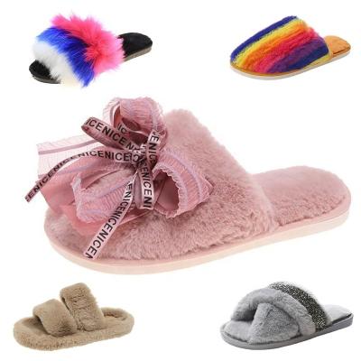 China Fashion Women Plush Fur Slipper Indoor Soft Bottom Fluffy Home Winter Bedroom Fluffy Slippers Simple Custom Disposable Slippers for sale