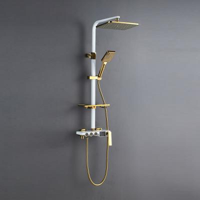 China Wall Mounted Brass Slide Bar Bathroom Mixer Stainless Steel Shower Mixer Tap Set With Shelf for sale