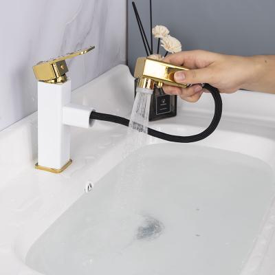 China Metered Faucets Bathroom Basin Faucet Single Handle Pull Out Hot And Cold Water Spray Sink Faucet Crane Deck Mount Faucets for sale