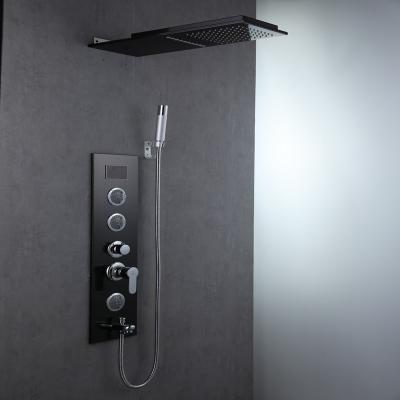 China Rainfall Free Brass Hotel Slide Bar Black Digital Panel Bath Shower Faucet Set And Cold Home for sale