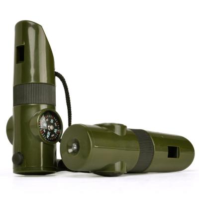 China Multi Function Survival Equipment 7 in 1 Outdoor Survival Multifunctional Tactical Whistle with Flashlight Compass Thermometer Mirror for sale