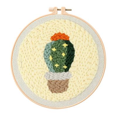 China Europe Cactus Punch Needle Kit For Starter 20cm 8 Inch Contain Threader Fabric Embroidery Hoop Thread All Hardware And Tool for sale