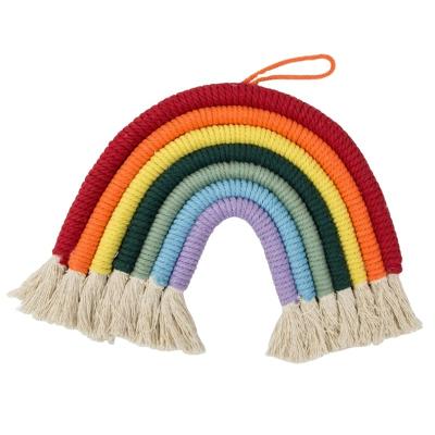 China Custom Handmade Knitted Decorative Eco-Friendly Rainbow Macrame Ornament Cotton Woven Tapestry Wall Hanging Decoration for sale