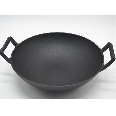 China 36cm workable in stock chinese cookware pans non stick pre-seasoned large cast iron wok with loop handles for sale