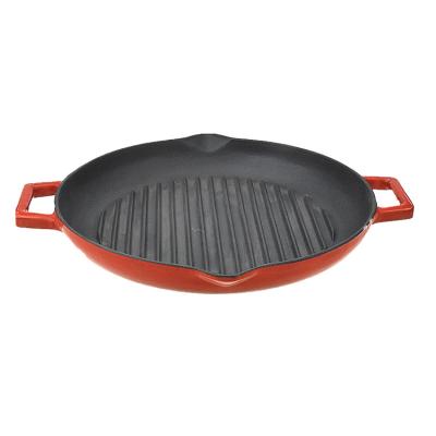 China 31cm Durable Cast Iron Red Enamel Round Barbecue Grill Pan With Two Loop Handles for sale