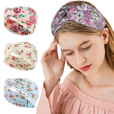 China Tie Low MOQ Cotton Fabric Custom Wide Brim Hair Cross Yoga Hair Band Sports Sweat Absorbing Headband Hair Wraps for sale