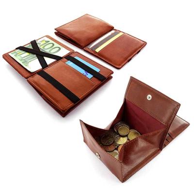 China RFID Men's Magic Wallet Strap Genuine Leather Bifold Elastic Card Holder With Zipper Coin Pocket for sale