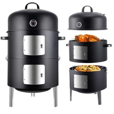 China Height Adjustable BBQ Vertical BBQ 3 in 1 Grill Charcoal Barrel Smoker with Built in Thermometer and Chimney for sale