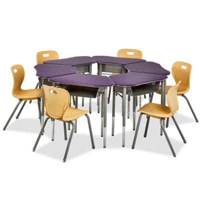 China Height Low Price Adjustable Triangle Shape Top Classroom Wooden Stock European Round Edge School Study Metal Wood Table for sale