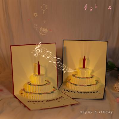 China All of the World Paper Cutting Happy Birthday 3D Cake Pop Up Musical Greeting Card for sale