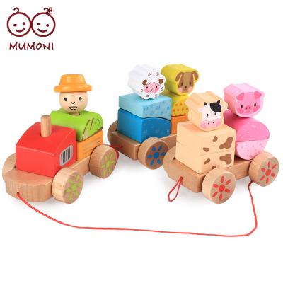 China Can be blocks wooden stacking and column toy set 2022 hottest animal shape three section blocks form game design pulling car train children wooden toy for sale