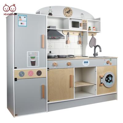 China Role play kitchen toy set fashion simulation wooden kitchen toy with refrigerator set funny role play kitchen wooden toys for sale