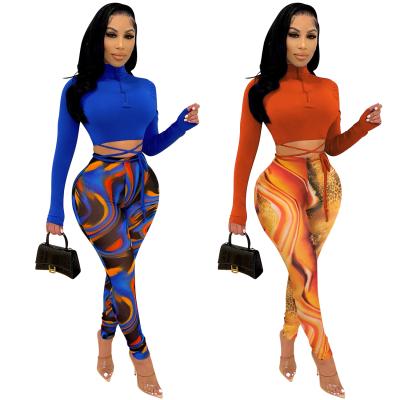 China Solid Color Tie Crop Long Sleeve QUICK DRY Long Sleeve Two Piece Fitted Tops Tops With Printed Leggings for sale