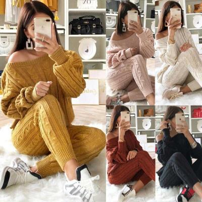 China 5XL Anti-Wrinkle Solid Color Woolen Sweater Set Women Two Piece Sweater Set Knit Legging Set for sale