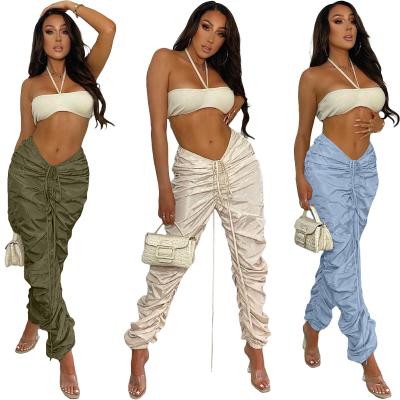 China Anti-wrinkle pure color pleated drawstring sports women stacked pants stacked sweatpants women pants for sale