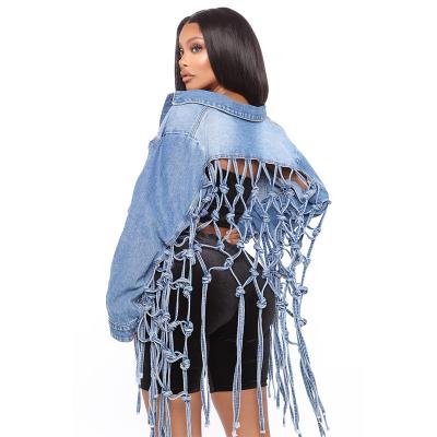 China Fashion Jeans Jackets Womens Denim QUICK DRY Jacket With Mesh Fringe On The Back for sale