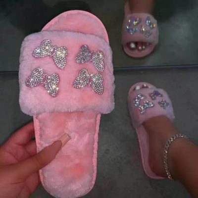 China Hairy Bow-knot Casual Flat Slippers Sweat-absorbent Rhinestone Bling Sandals for sale