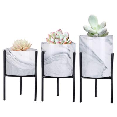 China American Design Ceramic Succulent Planters Marble GUANHONG Style Modern Indoor Flower Planter Pot With Metal Stand for sale