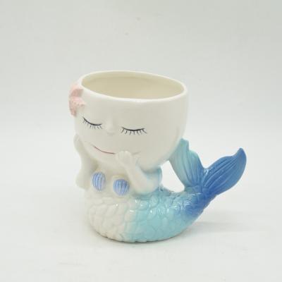 China Modern Hand Painting Mermaid Shape Cute Cartoon Plant Ceramic Pot for sale