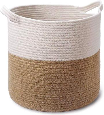 China Large Sustainable 15x16inch Cotton Rope Collapsible Basket With Handle For Dirty Cloth, Home, Baby Toys for sale