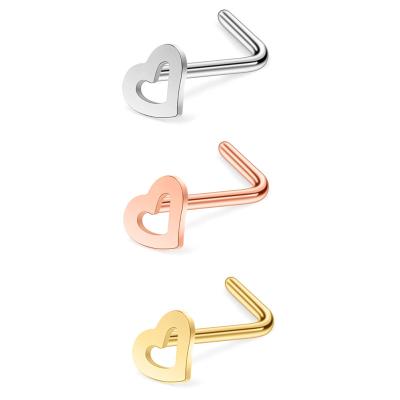 China Free Sample 2021 High Quality Body Jewelry FASHIONABLE Hollow Heart L Shape Nose Ring Stud Stainless Steel Gold Nose Piercing Ring For Women for sale