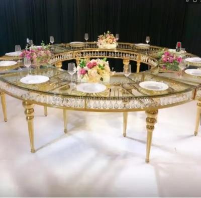 China Modern New Design Stainless Steel Gold Metal Frame Big Round Glass Top Half Moon Crystal Wedding Table For Sale for sale