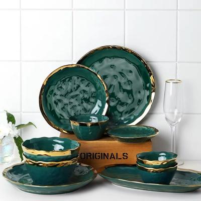 China Sustainable Green Gold Plated Ceramic Dinnerware Dish Steak Dish Set for sale