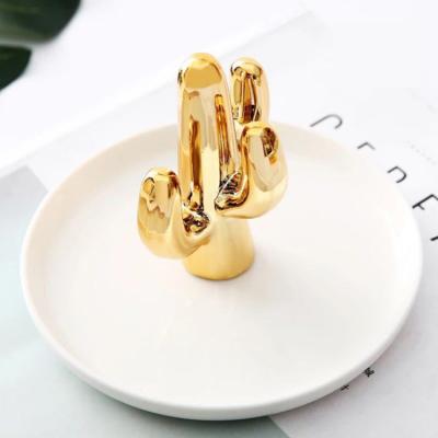 China European Style Gold Plated Ceramic Ring Holder Jewelry Dish Storage Cactus Creative Europe Cactus Home Decoration for sale