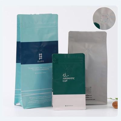 China Eco Food Wrapping Paper Flat Bottom Paper Custom Printed Coffee Bean Packaging Valve Eight Side Seal Packing Biodegradable Coffee Bag for sale