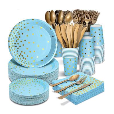 China Paper Blue and Gold Party Supplies Gold Dot Disposable Party Dinnerware Includes Paper Plates Napkins Knives Forks for Baby Shower for sale