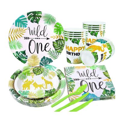 China Paper Baby 1st One  Disposable Tableware set Boy Wild One Napkin Plates Jungle 1 First Birthday Decor Baby Birthday decorations for sale