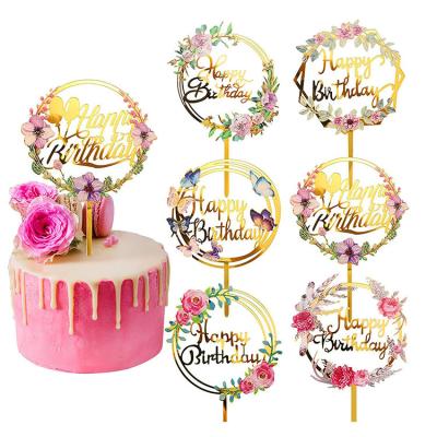 China Acrylic Cupcake Decoration Happy Birthday Wedding Party Anniversary Number Flower Print Acrylic Cake Topper for sale