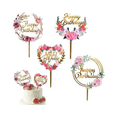 China Acrylic Crafted New Design Flower Birthday Cake Topper Decoration For Wedding And Happy Birthday for sale