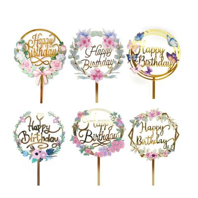 China Acrylic Gold Happy Birthday Cake Topper Acrylic Flower Cake Toppers Cupcake Toppers Birthday Party Wedding Supplies for sale