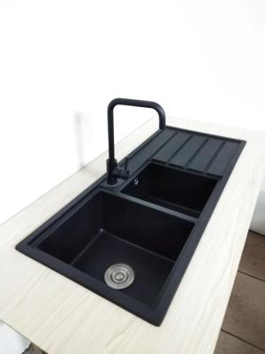 China black double bowl granite inset sink /composite quartz sink with drainboard for sale