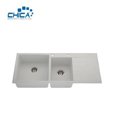 China Double Bowl Granite Kitchen Sink With Wing Topmount Quartz Granite Stone Composite Sink for House Kitchen for sale